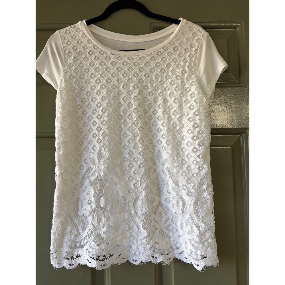 Soho New York & Company | Lace Front Short Sleeve Top | M || White|